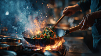 Chef stir-frying vegetables in wok over open flame with dramatic fire and smoke in professional kitchen