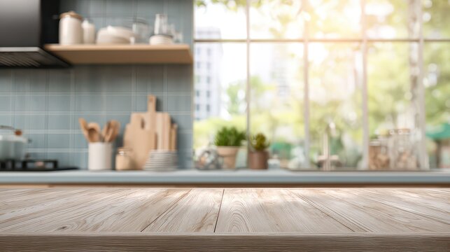 Sunlit Kitchen Interior With Wood Countertop And Blurred Garden View Through A Large Window And Blue Backsplash Tile