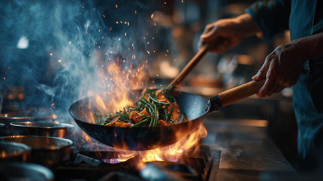 Chef stir-frying vegetables in wok over open flame with dramatic fire and smoke in professional kitchen