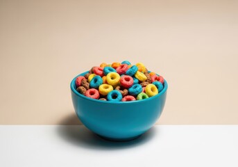 A blue bowl filled with colorful cereal rings on a table against a beige background