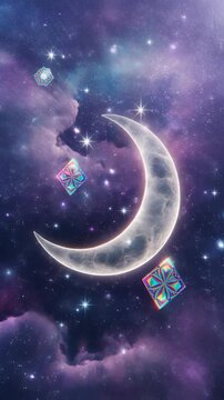 Cinematic 3D scene featuring a glowing crescent moon surrounded by swirling purple-blue nebu