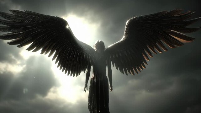 Majestic angel with black wings silhouetted against a luminous cloudy sky, evoking a heavenly and spiritual presence with dramatic lighting and detailed feather