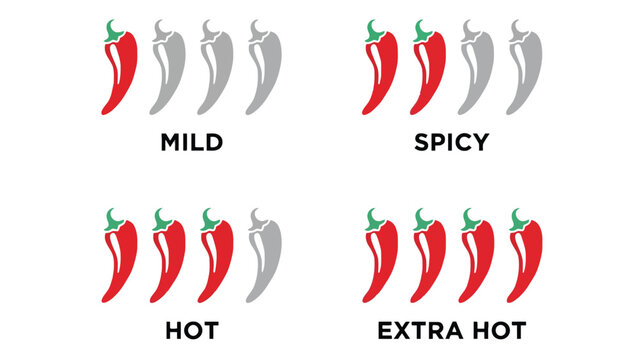 Chili pepper icons in different heat levels on white background