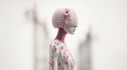 Futuristic female figure with abstract striped body and cherry blossoms, blending nature and technology in minimal surreal art