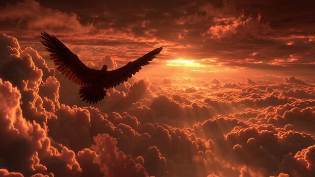 Majestic bird soaring through vibrant sunset sky with dramatic clouds and warm glowing light, symbolizing freedom, spirituality, and divine guidance in a surreal atmosphere