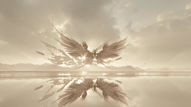 Majestic angel with outstretched wings soaring above a serene reflective landscape at sunset, evoking celestial and divine themes for spiritual and religious use