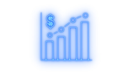 Obraz premium Blue neon line bar graph with a dollar sign icon above illustrating financial growth and business success, glowing abstract design isolated on transparent background