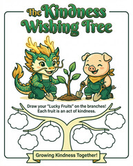 Obraz premium Lunar kindness and empathy worksheets for social emotional learning Colorful Kindness Wishing Tree Illustration with Cute Characters Educational lunar themed activities for empathy 