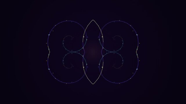 A digital illustration of interconnected loops forming a symmetrical pattern on a dark background viewed from directly above