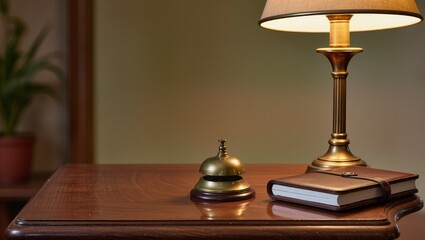Elegant wooden desk with a brass bell, a stylish lamp casting warm light, and a leather-bound notebook, creating a cozy and inviting workspace atmosphere