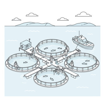 Fish farm with circular cages and service boat.