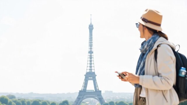 Woman Tourist Taking Photo Eiffel Tower Paris.