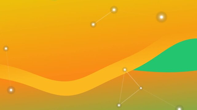 Abstract landscape illustration with wavy lines and constellation pattern on vibrant orange and green gradient background viewed from above