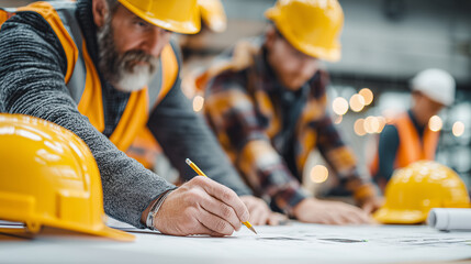 Construction engineers reviewing architectural blueprints at job site with safety gear and helmets