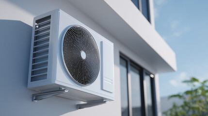 Modern wall-mounted outdoor air conditioning unit installed on exterior of residential building