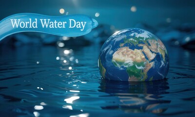 World water day concept with earth globe emerging from water surface, blue tones, environmental theme