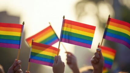 Fototapeta premium Colorful pride celebration with diverse hands holding rainbow flags outdoors.