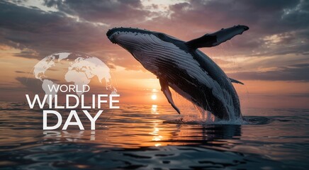 Humpback whale breaching ocean surface at sunset with world wildlife day text and globe graphic