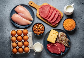 Assorted high protein foods including meat, eggs, and dairy products on gray surface