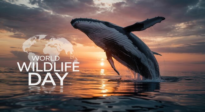 Humpback whale breaching ocean surface at sunset with world wildlife day text and globe graphic