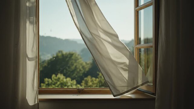 Open window with white curtains blowing in the wind and mountain view.