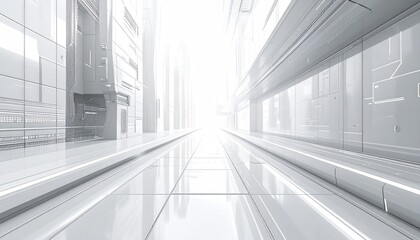 Fototapeta premium Gleaming, futuristic corridor with reflective surfaces leading to an intense white light