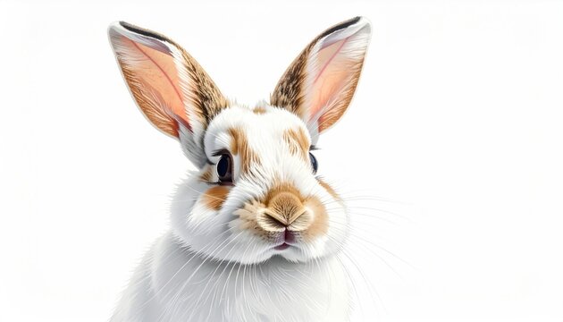 A close-up portrait of a fluffy rabbit with brown and white markings against a white background