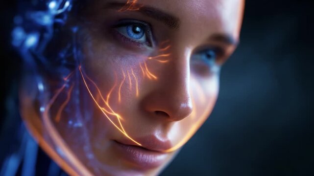 A futuristic close-up of a synthetic humanoid face, showcasing intricate glowing circuits and a blend of human and robotic features in a mesmerizing light.