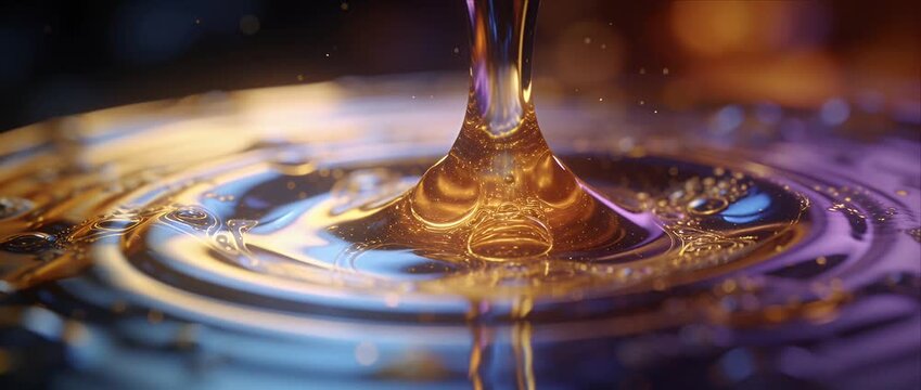 Macro dew drop liquid purity viscous slow motion pour citrus glow over golden ripple surface creating abstract fluid art scene with vibrant light reflection detail
