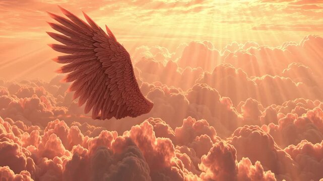 Majestic Angel Wing in a Heavenly Sky with Radiant Sunlight and Fluffy Clouds, Symbolizing Divinity and Spirituality in a Celestial Setting