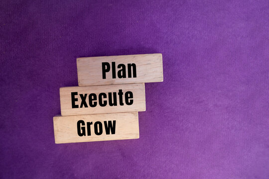 Plan execute grow written on wooden blocks on lavender fabric background for business strategy concept.