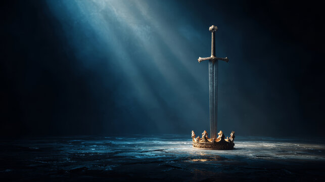 Sword crown fantasy power symbol, medieval weapon royal authority, dramatic light on dark stone floor