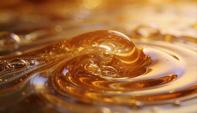 Macro dew drop liquid purity viscous slow motion pour citrus swirl glow shimmer reflect on golden fluid surface creating abstract wave pattern with warm light reflection fluid art close up texture
