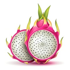 Dragon fruit halved with green leaves and white interior