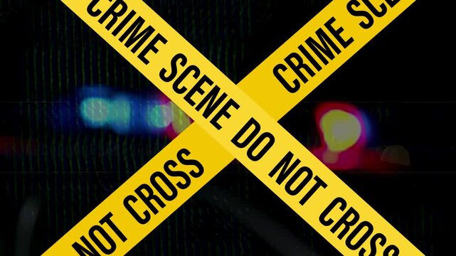 Police Barricade Crime Tape With Warning Lights At Night Outside. Police Line Tape with Blurred Red and  Blue Police Sirens Background.