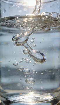 Macro dew drops liquid purity viscous slow motion pour citrus splash water shine bubble texture shimmer within clear glass as bright sun glows behind softly sparkle evoke freshness serene purity