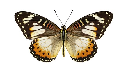Naklejka premium A detailed, close-up view of a butterfly with brown, orange, and white wings on a white background.