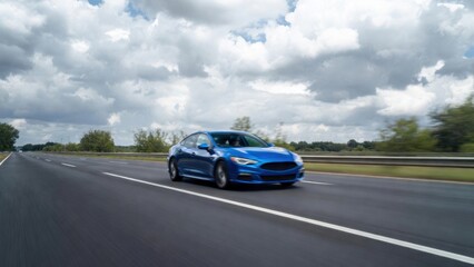 Fototapeta premium Blue sedan driving on open highway under cloudy skies.