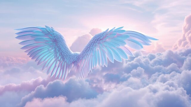 Ethereal, iridescent angel wings soaring through a pastel-colored sky with soft clouds and radiant sunlight, symbolizing spirituality and divine grace
