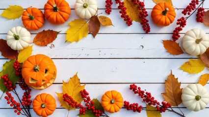 Fototapeta premium Festive autumn pumpkin and berry arrangement on a white wooden background.