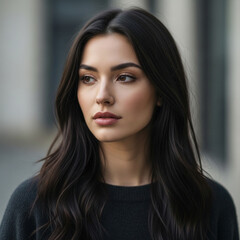 Obraz premium Beautiful woman with long dark hair looking thoughtfully outdoors