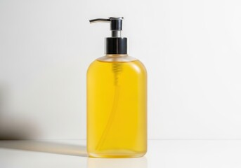 A yellow liquid soap dispenser bottle with a black pump on a white surface and background