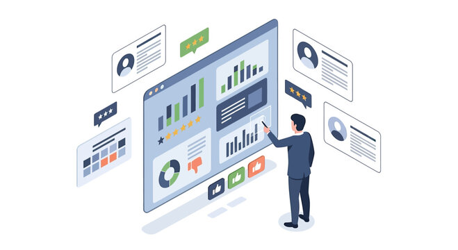Businessman analyzing data on a large interactive screen with charts and graphs.