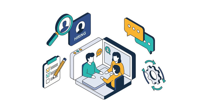 Isometric illustration of a job interview and recruitment process with magnifying glass and resume.