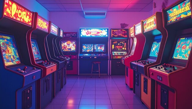Retro Arcade Machines in Neon Lit Room.