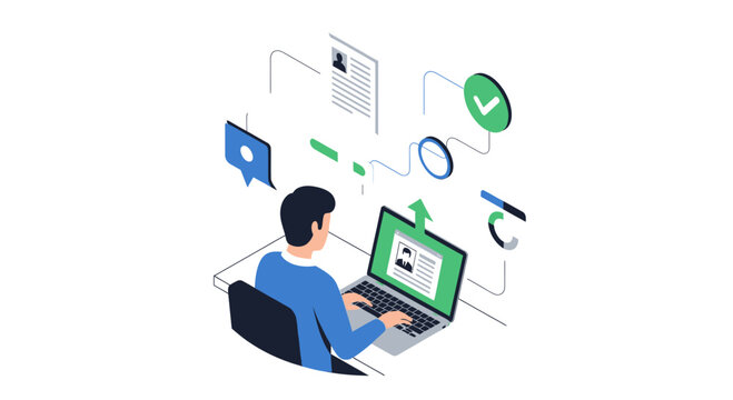 Man working on laptop with documents and data processing in a modern office setting.