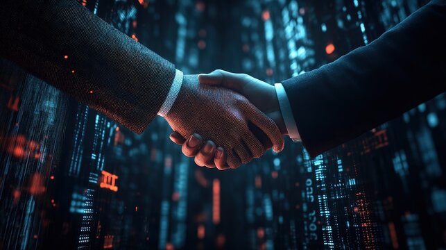 Businessmen shaking hands on dark futuristic background with digital data cyber tech elements, business cooperation concept sharp detailed professional lighting