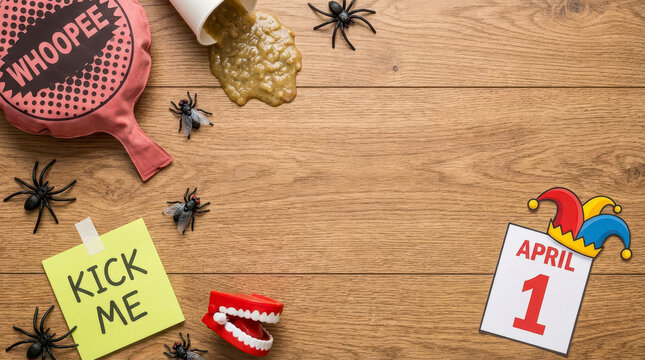 April fools day prank on wooden background joke trick