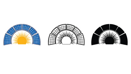 Three semicircular solar panel designs with a sun graphic in the center.