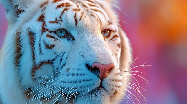 Striking Portrait of a Rare White Tiger with Mesmerizing Blue Gaze Amidst Colorful Hues